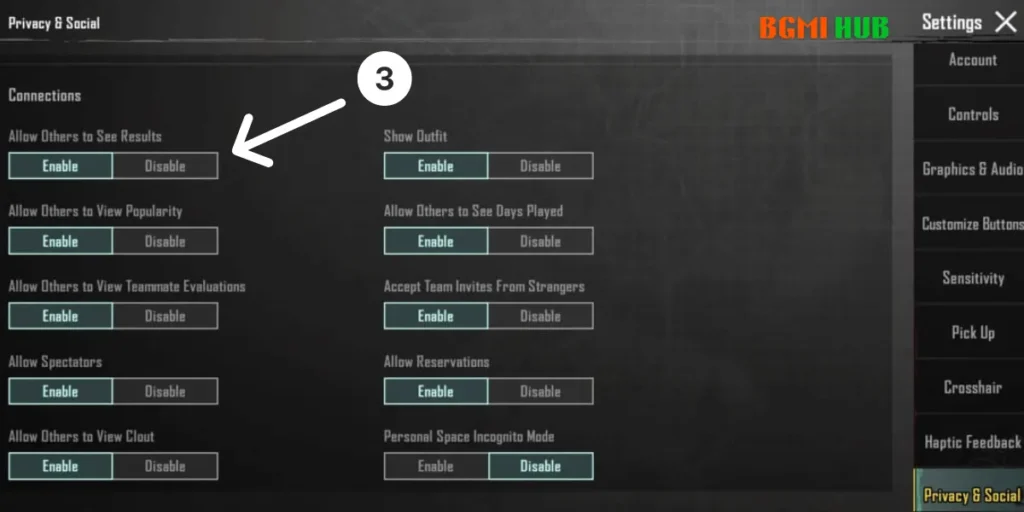 Show or Hide Results in BGMI