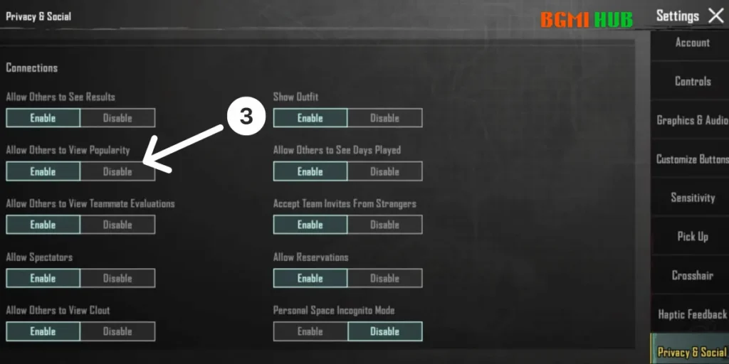 Show or Hide popularity in BGMI